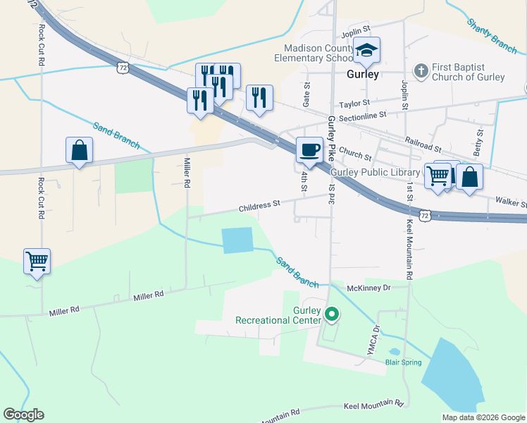 map of restaurants, bars, coffee shops, grocery stores, and more near 198 Childress Street in Gurley