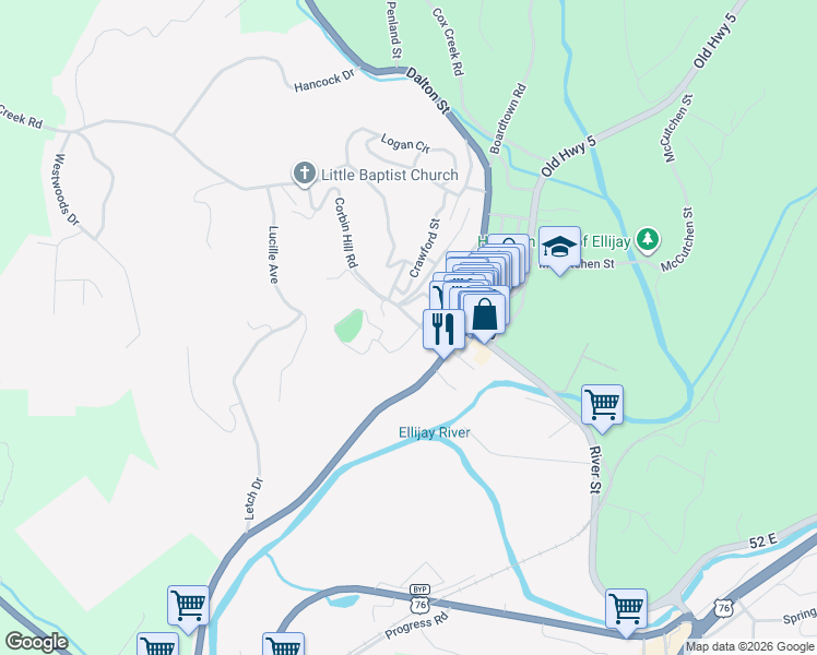 map of restaurants, bars, coffee shops, grocery stores, and more near 90 Spring Street in Ellijay