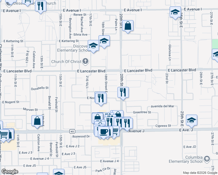 map of restaurants, bars, coffee shops, grocery stores, and more near 1806 East Newgrove Street in Lancaster