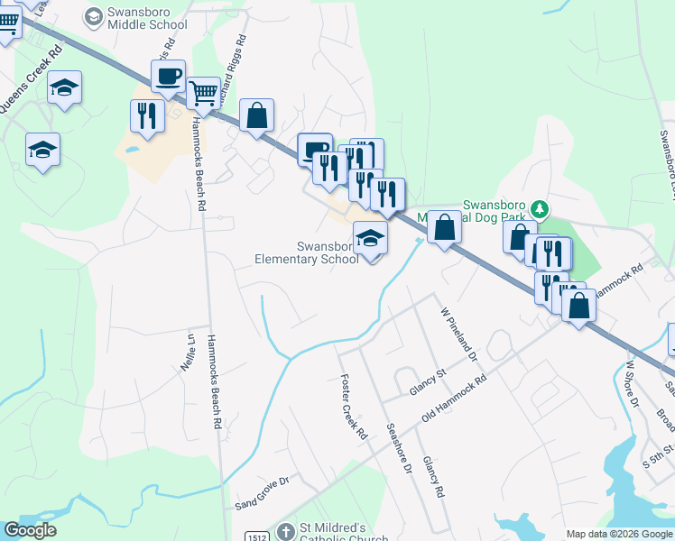 map of restaurants, bars, coffee shops, grocery stores, and more near 9 Port West in Swansboro