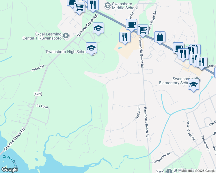 map of restaurants, bars, coffee shops, grocery stores, and more near 100-138 Stanley Road in Swansboro