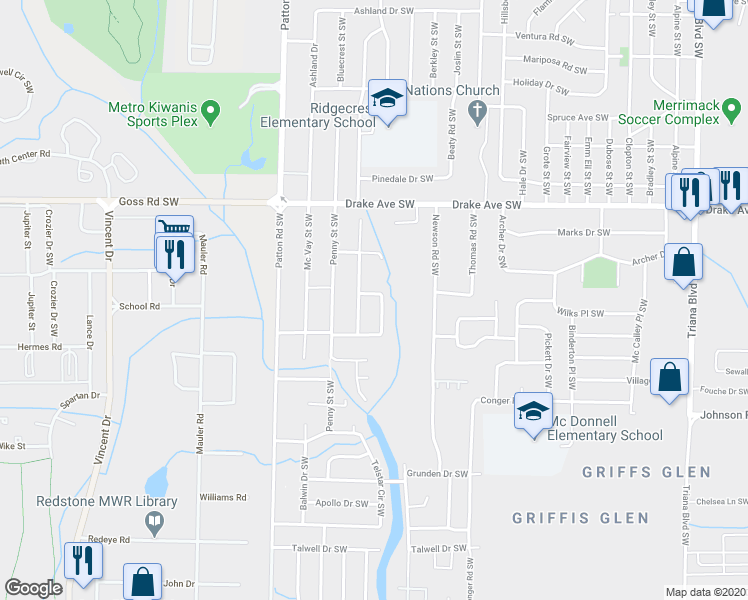 map of restaurants, bars, coffee shops, grocery stores, and more near 4000 Eunice Street Southwest in Huntsville