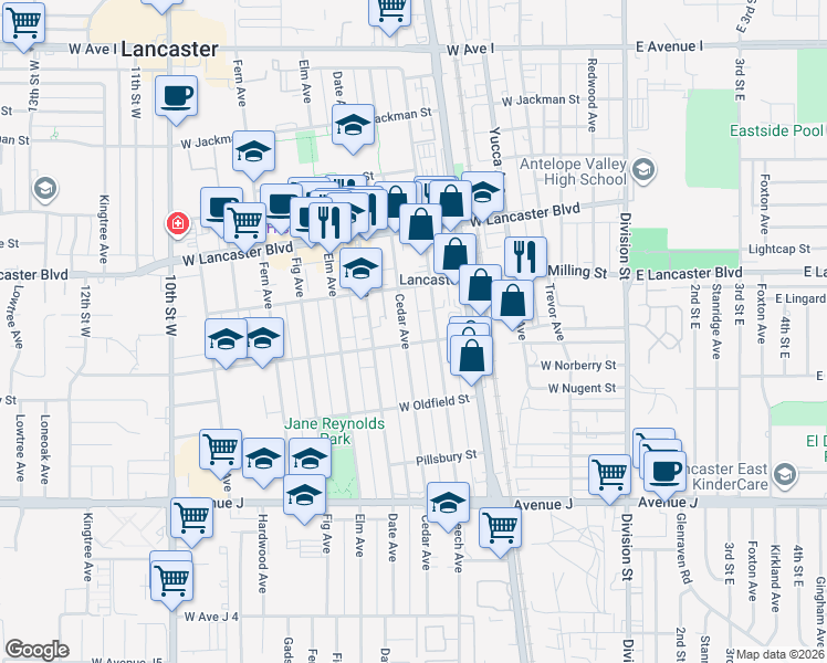 map of restaurants, bars, coffee shops, grocery stores, and more near 44708 Cedar Avenue in Lancaster