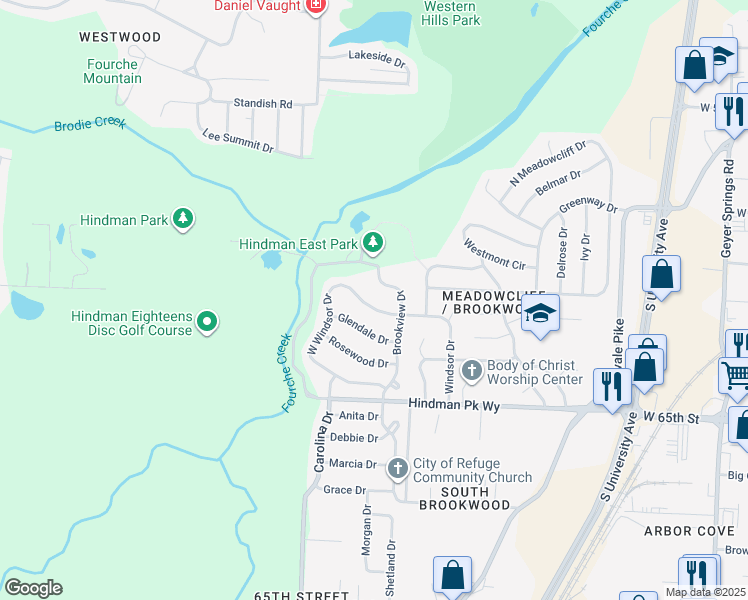 map of restaurants, bars, coffee shops, grocery stores, and more near 14 W Windsor Dr in Little Rock