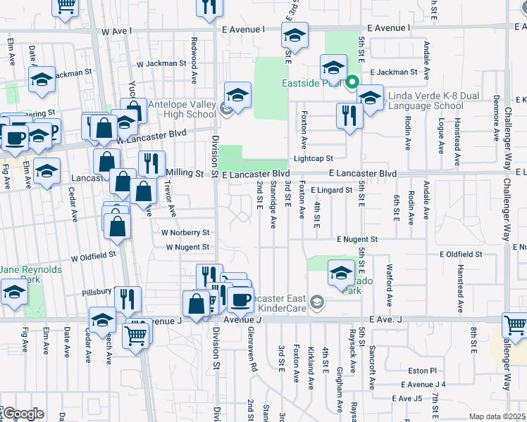 map of restaurants, bars, coffee shops, grocery stores, and more near 44703 2nd Street East in Lancaster