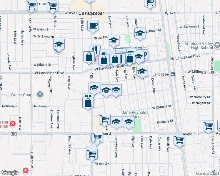 map of restaurants, bars, coffee shops, grocery stores, and more near 44740 Genoa Avenue in Lancaster