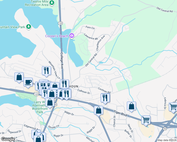 map of restaurants, bars, coffee shops, grocery stores, and more near 407 Lindsay Road in Clemson