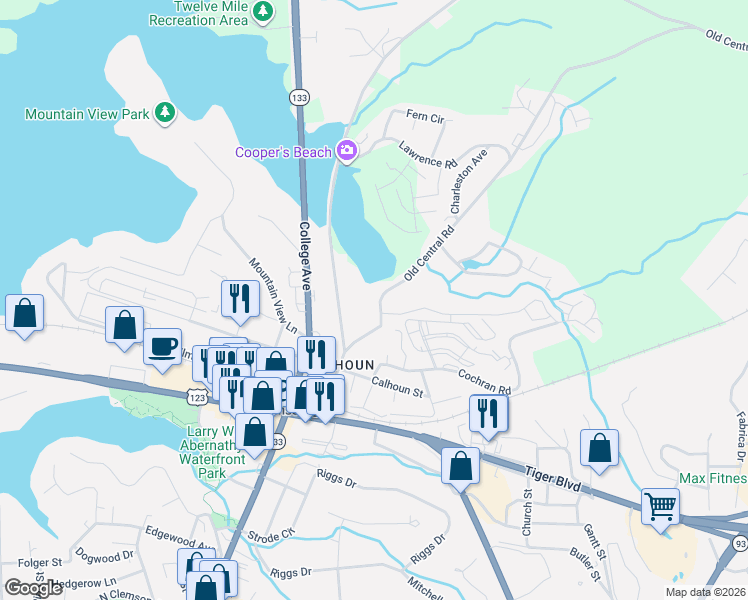 map of restaurants, bars, coffee shops, grocery stores, and more near 101 Old Central Road in Clemson