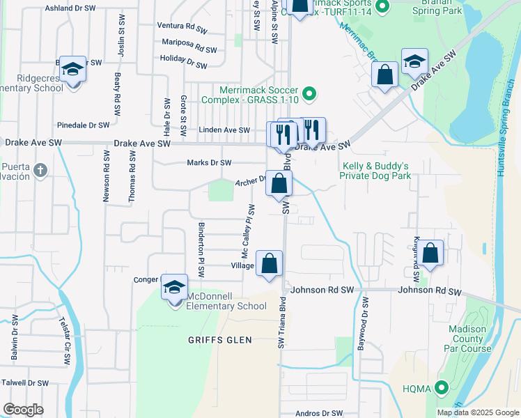 map of restaurants, bars, coffee shops, grocery stores, and more near 3911 Mc Calley Place Southwest in Huntsville