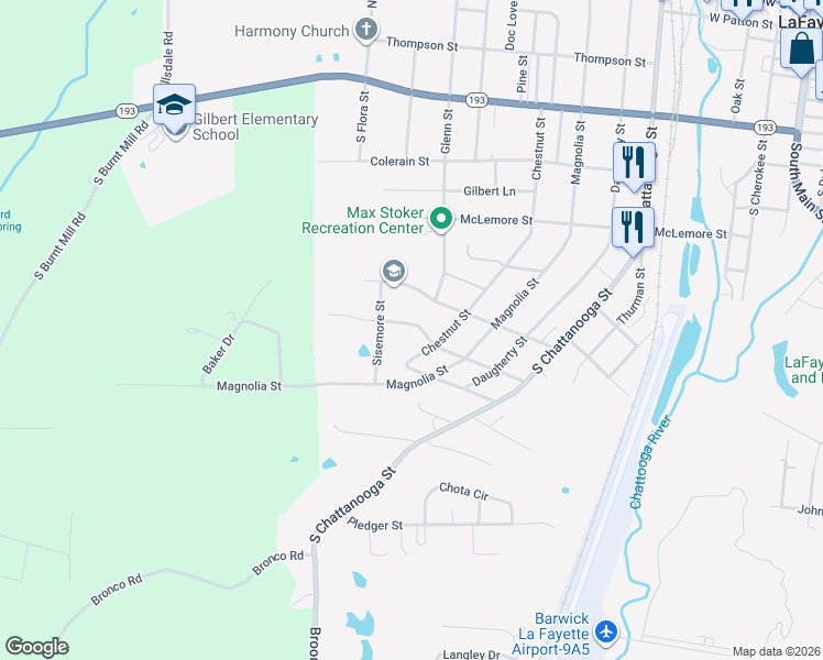 map of restaurants, bars, coffee shops, grocery stores, and more near 907 Bomar Street in LaFayette
