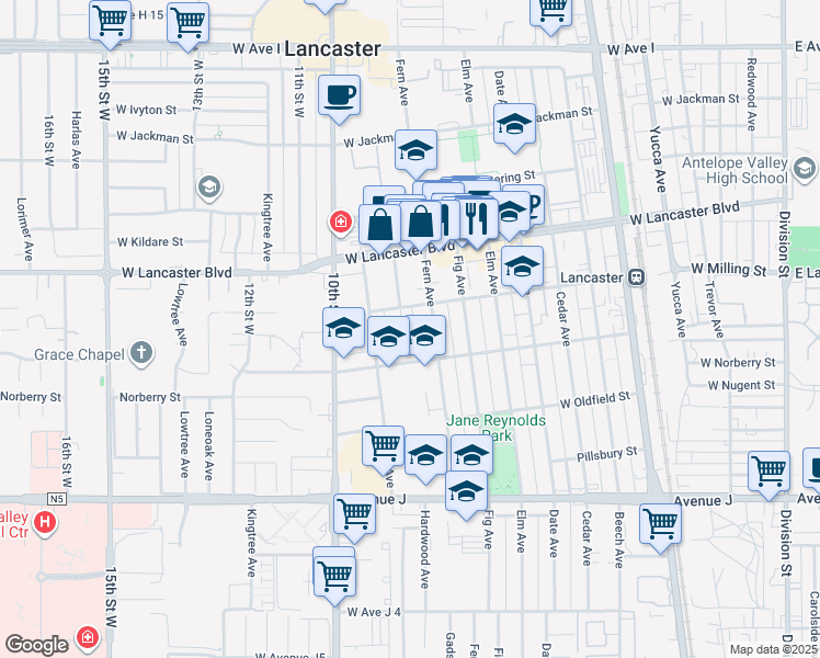 map of restaurants, bars, coffee shops, grocery stores, and more near 44743 Fern Avenue in Lancaster