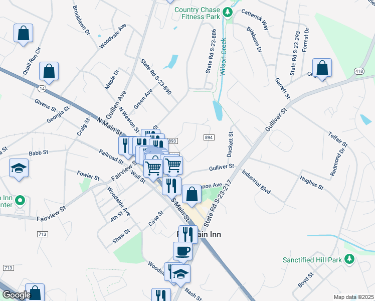 map of restaurants, bars, coffee shops, grocery stores, and more near 202 Oakland Way in Fountain Inn
