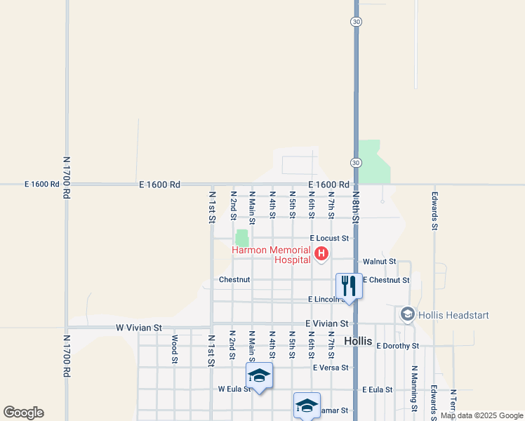 map of restaurants, bars, coffee shops, grocery stores, and more near 104 East Mulberry Street in Hollis