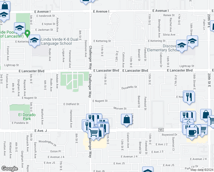 map of restaurants, bars, coffee shops, grocery stores, and more near 44700 11th Street East in Lancaster