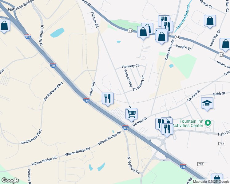 map of restaurants, bars, coffee shops, grocery stores, and more near 104 Flagstar Ct in Fountain Inn