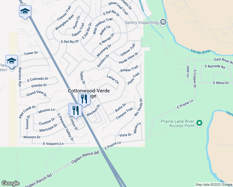 map of restaurants, bars, coffee shops, grocery stores, and more near 2411 Lariat Circle in Cottonwood