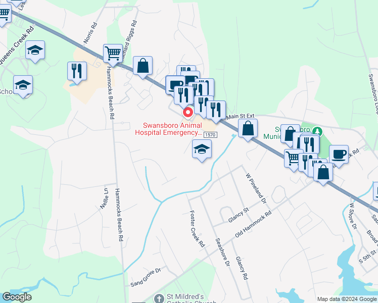 map of restaurants, bars, coffee shops, grocery stores, and more near 11 Port West in Swansboro