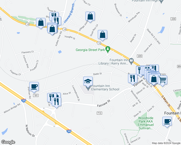 map of restaurants, bars, coffee shops, grocery stores, and more near 124 Babb Street in Fountain Inn