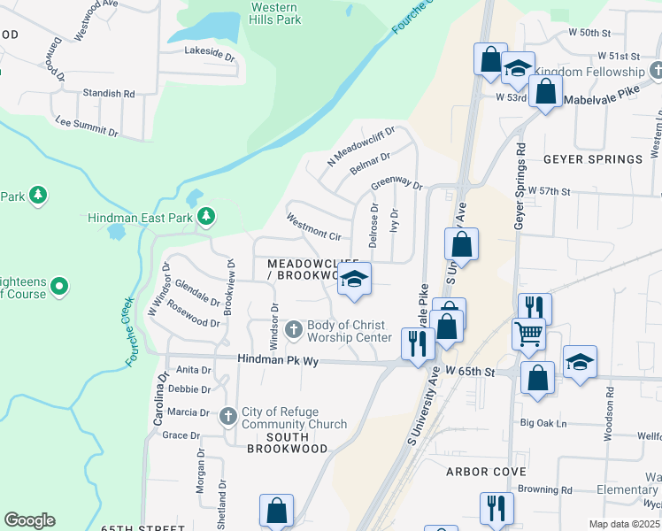 map of restaurants, bars, coffee shops, grocery stores, and more near 67 South Meadowcliff Drive in Little Rock