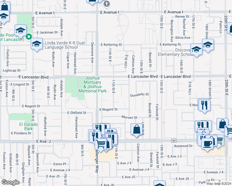 map of restaurants, bars, coffee shops, grocery stores, and more near 44700 11th Street East in Lancaster