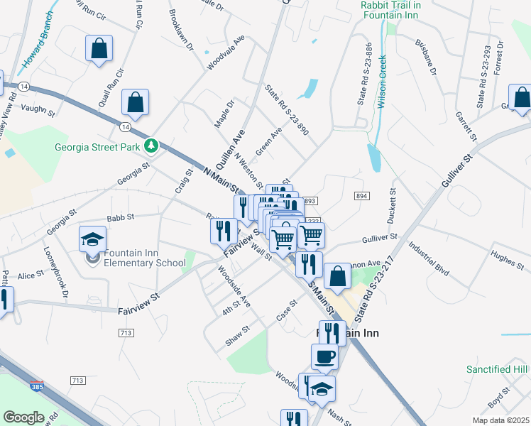 map of restaurants, bars, coffee shops, grocery stores, and more near 200 North Main Street in Fountain Inn