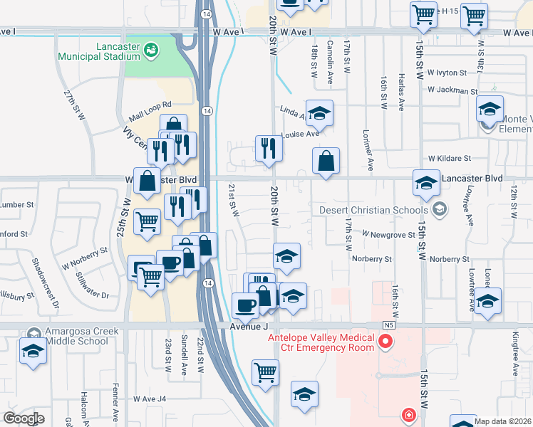 map of restaurants, bars, coffee shops, grocery stores, and more near 2034 West Lumber Street in Lancaster