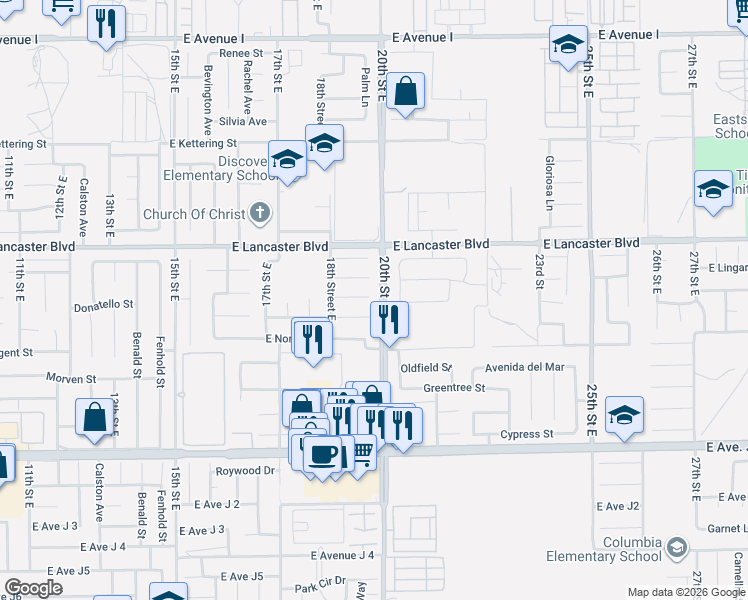 map of restaurants, bars, coffee shops, grocery stores, and more near 1848 East Newgrove Street in Lancaster