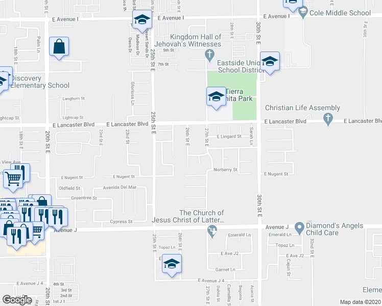 map of restaurants, bars, coffee shops, grocery stores, and more near 44654 26th Street East in Lancaster