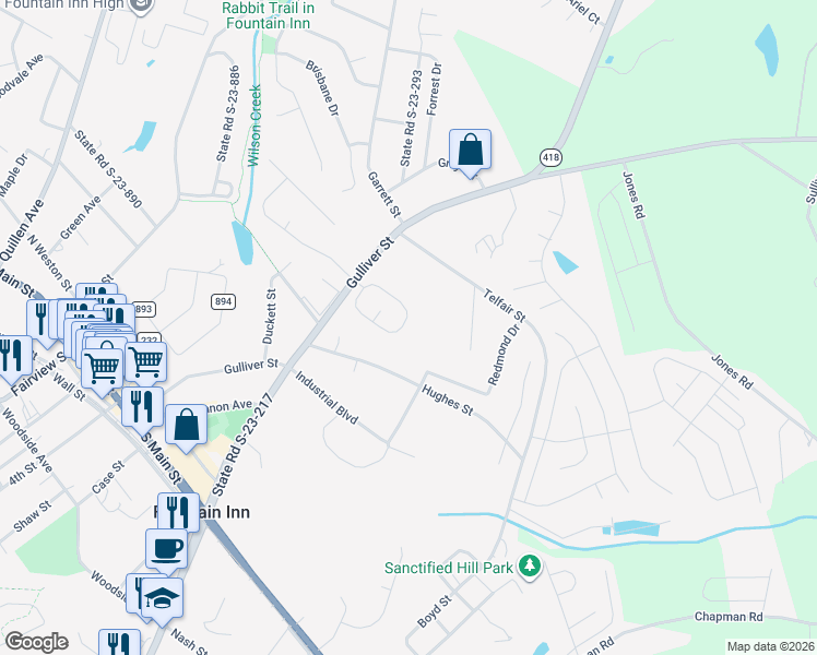 map of restaurants, bars, coffee shops, grocery stores, and more near 214 Addlestone Circle in Fountain Inn