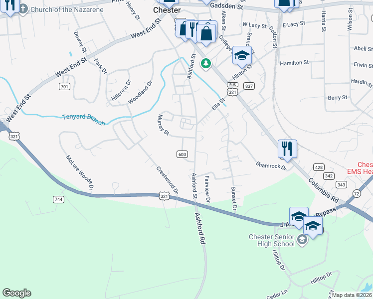 map of restaurants, bars, coffee shops, grocery stores, and more near 106 Dye Street in Chester