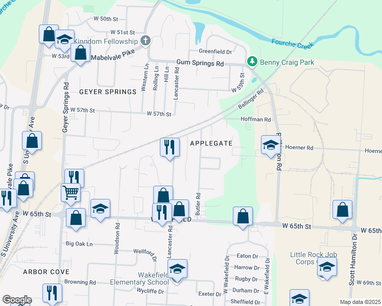 map of restaurants, bars, coffee shops, grocery stores, and more near 6001 Lyndell Dr in Little Rock