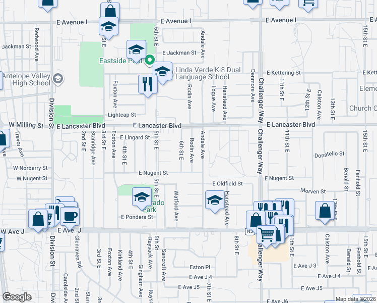 map of restaurants, bars, coffee shops, grocery stores, and more near 44651 Rodin Avenue in Lancaster