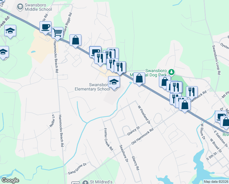 map of restaurants, bars, coffee shops, grocery stores, and more near 118 Swansboro Middle School Road in Swansboro