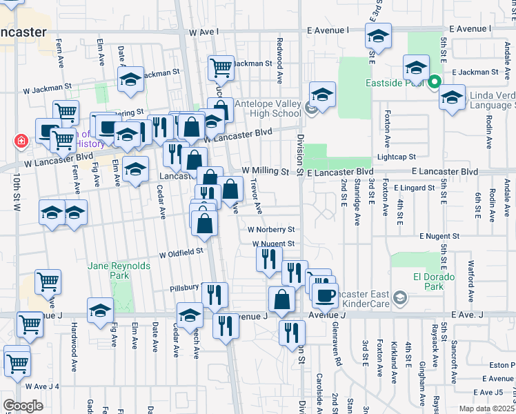 map of restaurants, bars, coffee shops, grocery stores, and more near Newgrove Street in Lancaster