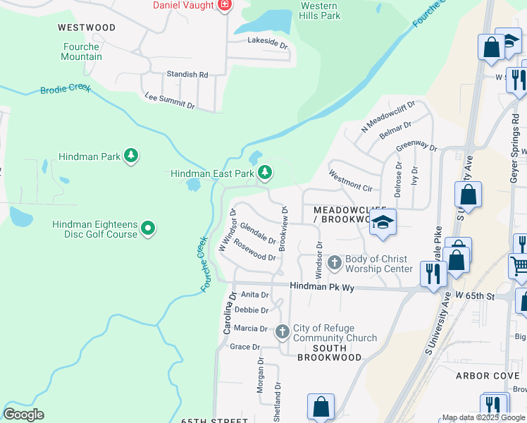 map of restaurants, bars, coffee shops, grocery stores, and more near 14 West Windsor Drive in Little Rock