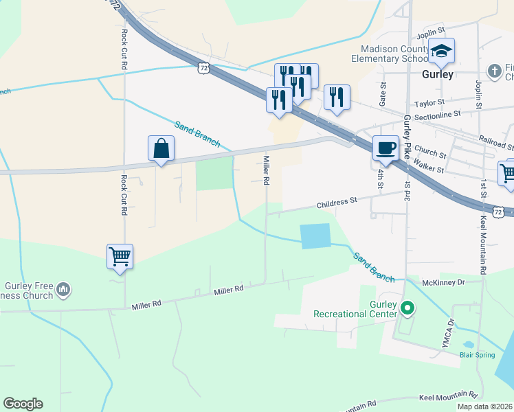 map of restaurants, bars, coffee shops, grocery stores, and more near 182 Miller Road in Gurley