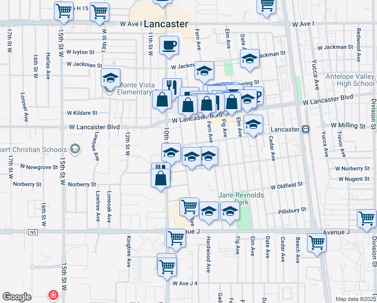 map of restaurants, bars, coffee shops, grocery stores, and more near 44740 Genoa Avenue in Lancaster