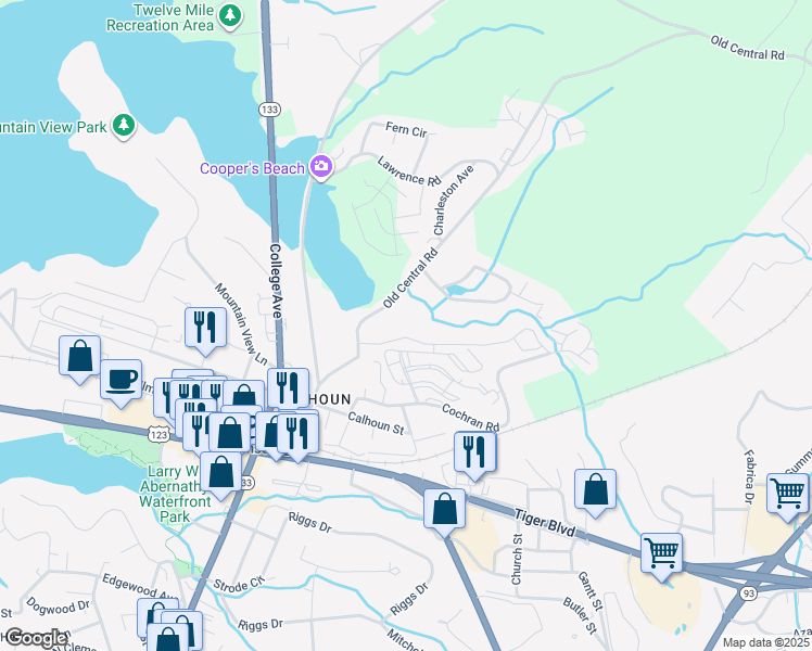 map of restaurants, bars, coffee shops, grocery stores, and more near 407 Lindsay Road in Clemson