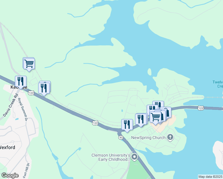 map of restaurants, bars, coffee shops, grocery stores, and more near 121 Harts Cove Way in Seneca