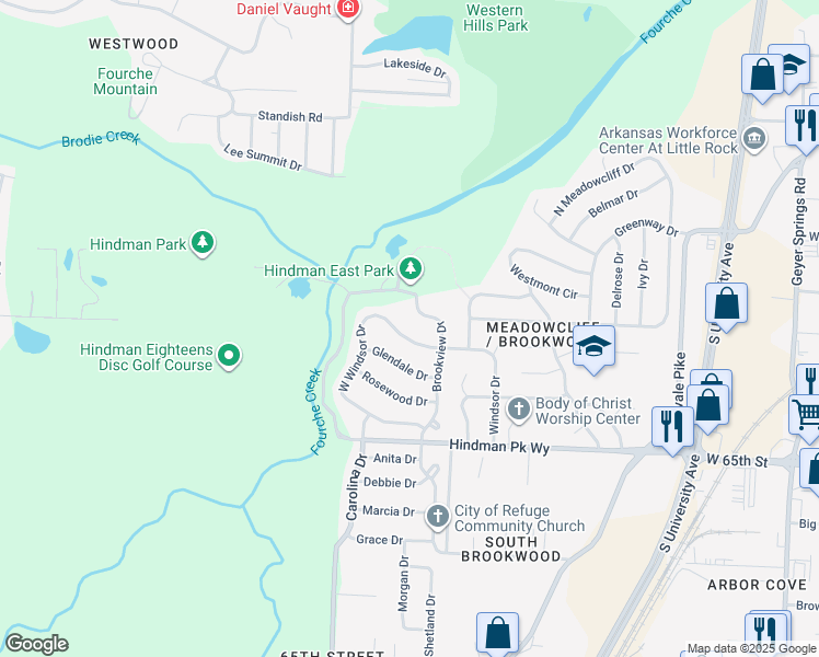 map of restaurants, bars, coffee shops, grocery stores, and more near 14 West Windsor Drive in Little Rock