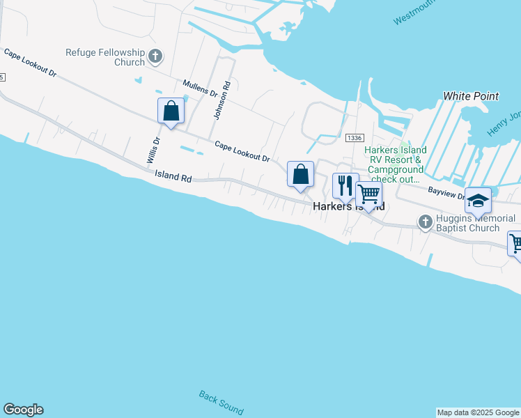 map of restaurants, bars, coffee shops, grocery stores, and more near 866 Island Road in Harkers Island