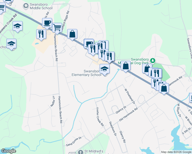 map of restaurants, bars, coffee shops, grocery stores, and more near 9 Port West in Swansboro