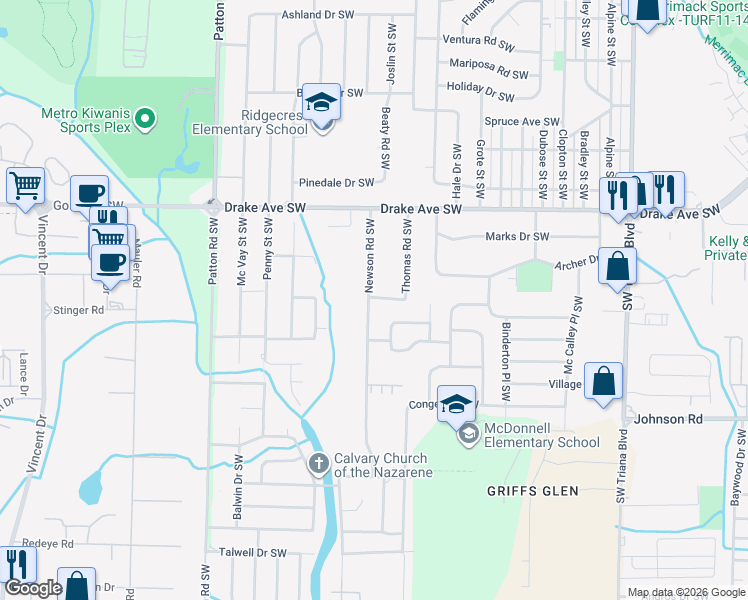 map of restaurants, bars, coffee shops, grocery stores, and more near 3927 Newson Road Southwest in Huntsville