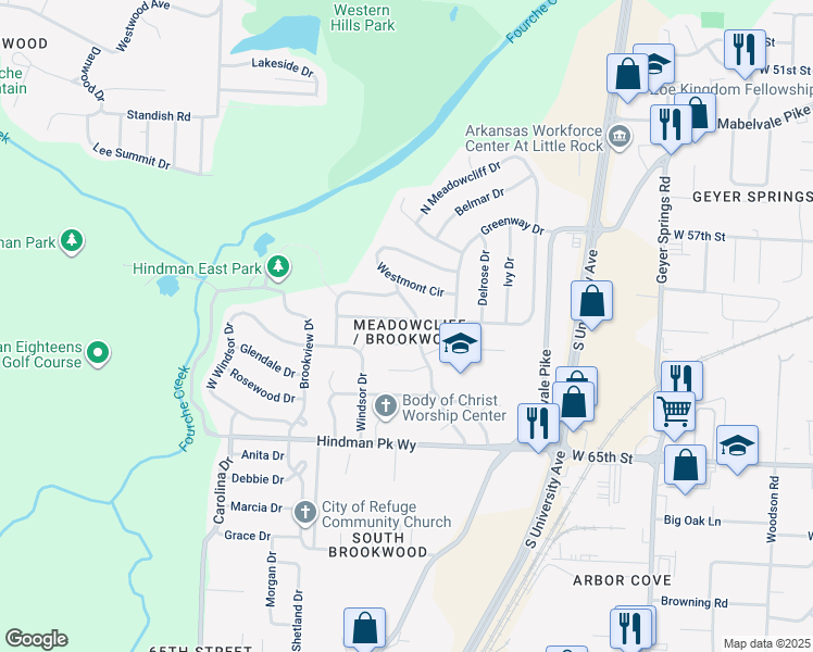 map of restaurants, bars, coffee shops, grocery stores, and more near 73 South Meadowcliff Drive in Little Rock
