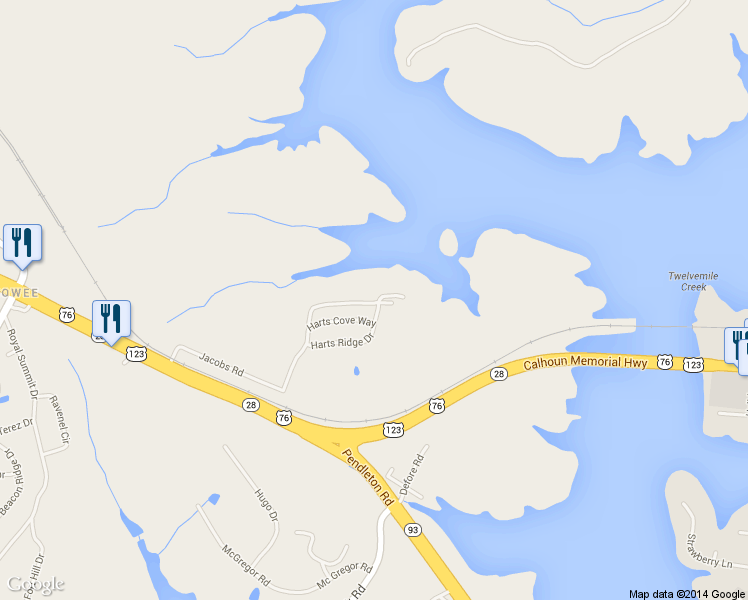 map of restaurants, bars, coffee shops, grocery stores, and more near 623 Harts Cove Way in Seneca