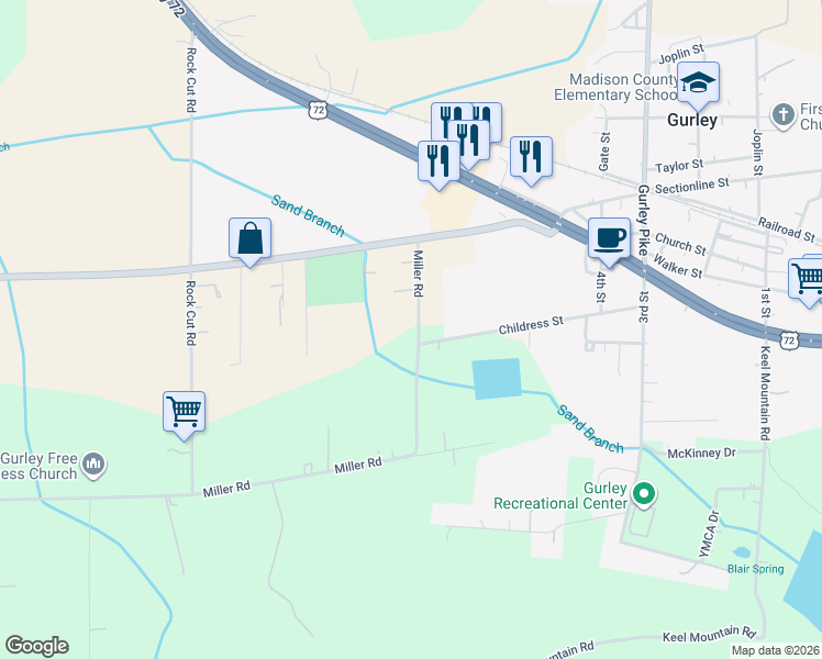 map of restaurants, bars, coffee shops, grocery stores, and more near 182 Miller Road in Gurley