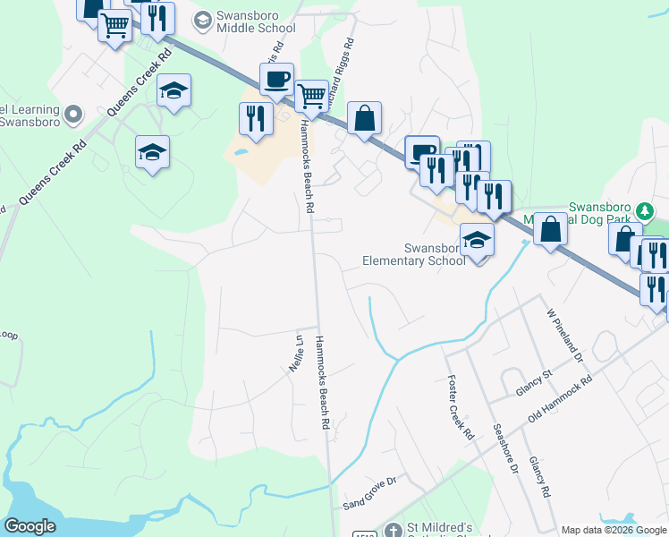map of restaurants, bars, coffee shops, grocery stores, and more near 104 Forest Lane in Swansboro