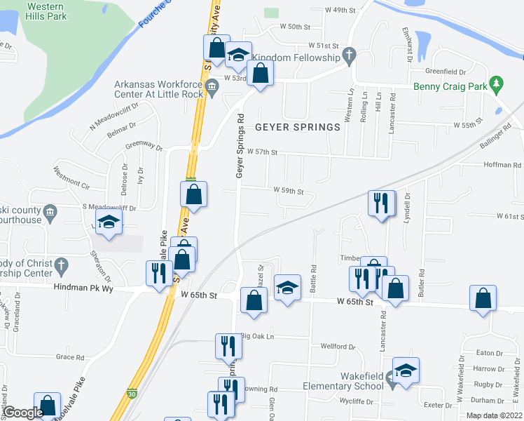 map of restaurants, bars, coffee shops, grocery stores, and more near 5808 Hutsell Road in Little Rock