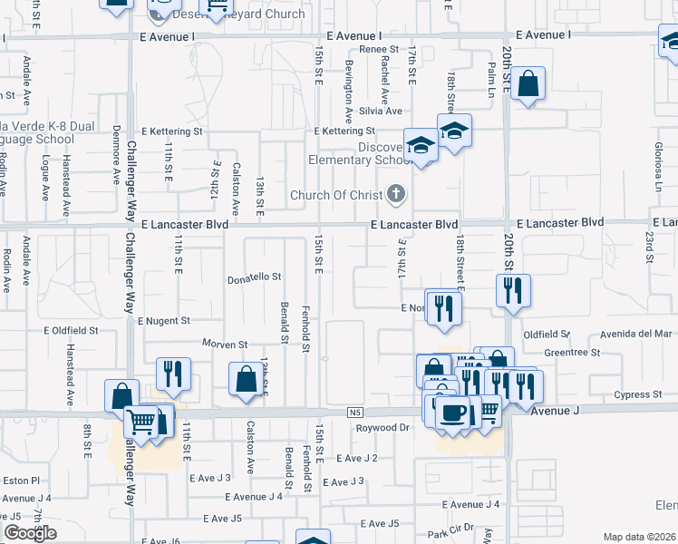 map of restaurants, bars, coffee shops, grocery stores, and more near 44662 Foxboro Court in Lancaster