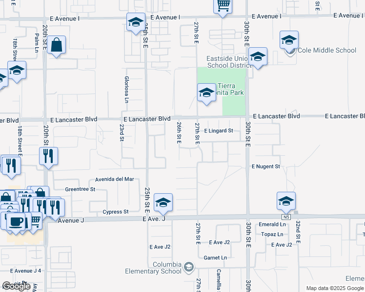 map of restaurants, bars, coffee shops, grocery stores, and more near 44654 26th Street East in Lancaster